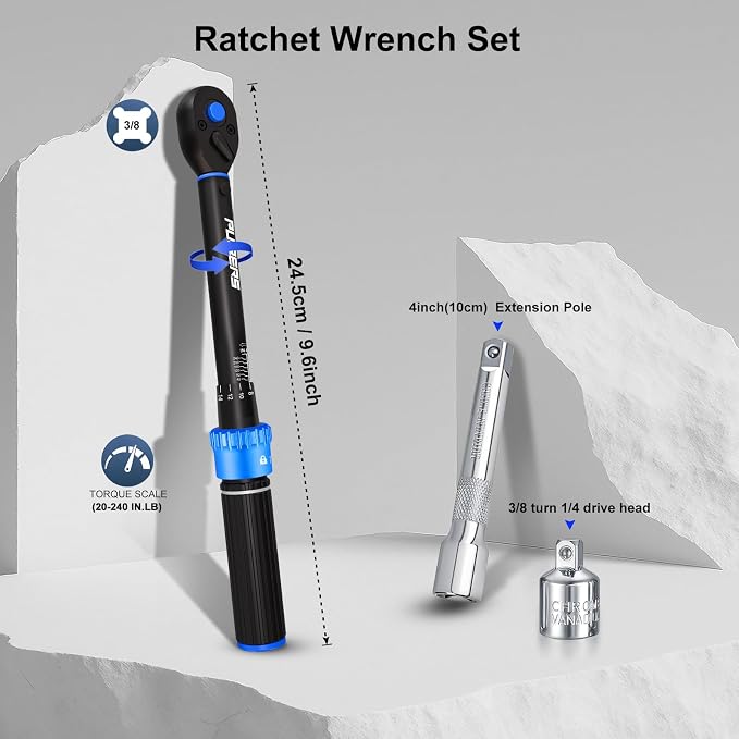 3/8" Drive Inch Pound Torque Wrench 20-240 in.lb, ±3% Accuracy, Dual-Direction 72-Tooth Small Torque Wrench Set with Extension Bar 3/8" Adapter for Bike Motorcycle Car Maintenance