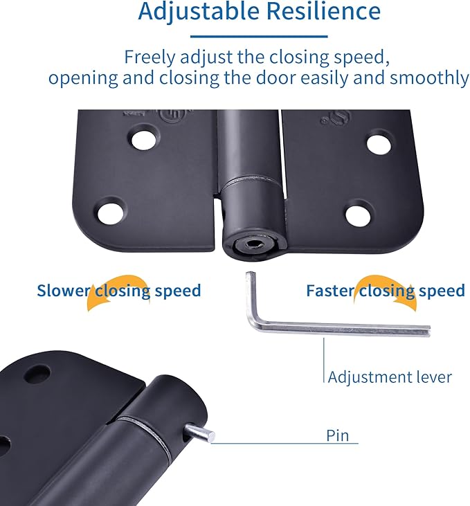 Self Closing Door Hinges 4 inch Matte Black Auto Close Hinge Adjustable 4 x 4 Inch Spring Hinges 5/8" Radius Corner Commercial Auto Door Closer Hinge UL Listed, 6 Pieces