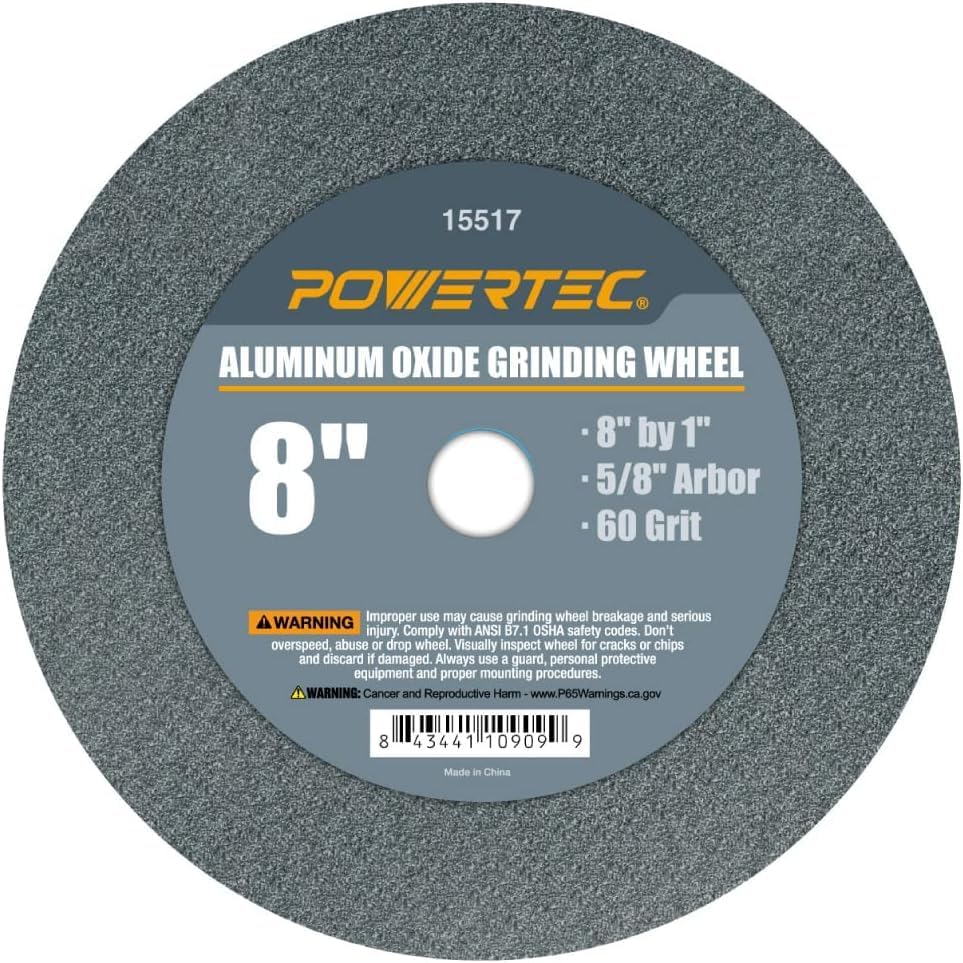 POWERTEC Bench Grinder Wheel 8 Inch 60 Grit, Aluminum Oxide Grinding Wheel for Bench Pedestal Grinder, 1" Thick 5/8" Arbor, Sharpening & Shaping Drill Bits, Blade, and Chisel (15517) (Pack of 10)