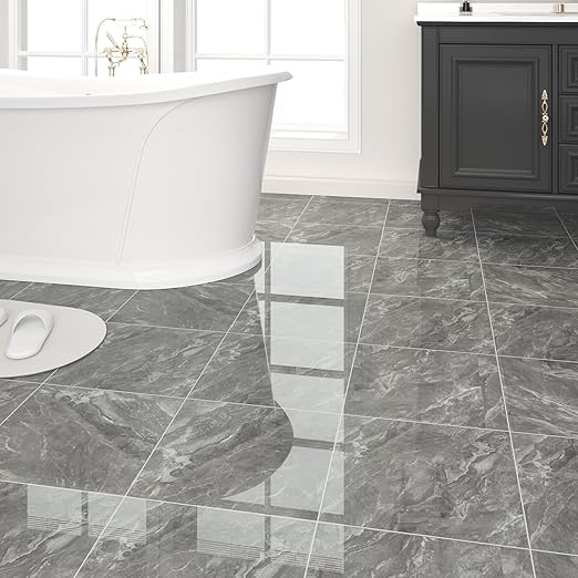 20-Pack 19.34 Sq.Ft Peel and Stick Floor Tiles Vinyl Glossy Pattern Flooring, 11.8” x 11.8” Self Adhesive Vinyl Flooring DIY for Kitchen, Bathroom, Laundry, Polish Dark Grey Marble