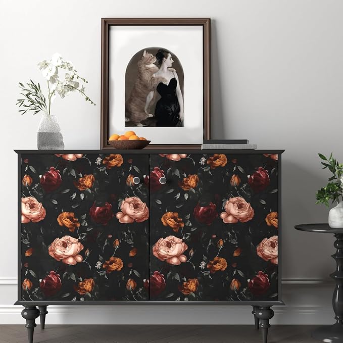 Gothic Black Orange Rose Floral Wallpaper Peel and Stick 17.5"x393" | Self Adhesive/Removable/Waterproof/Thick Vinyl Vintage Contact Paper for Bathroom Bedroom Shelf Cabinet Drawer,Prepasted