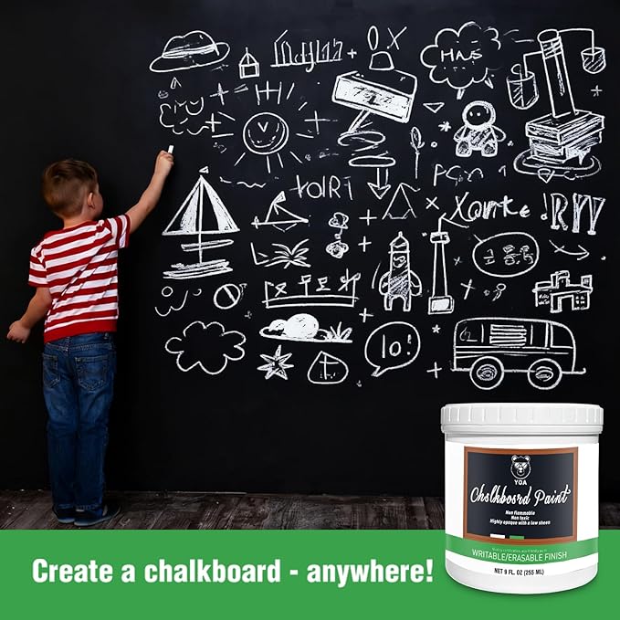 YOA Chalkboard paint, Black Matte, Acrylic Material, Non-toxic, 255g/9oz Cover 35 sp.ft, Suitable for Wood, Metal, Glass, Wall, Gypsum Board, Signs, Frames or any Surface, Interior/Exterior