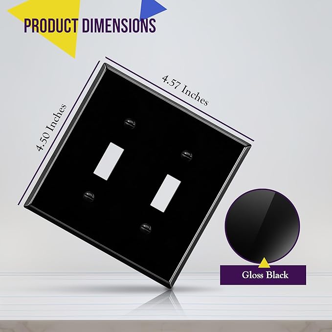 ENERLITES Double Toggle Light Switch Metal Cover Plate, Wall Plate, Corrosion Resistant, Standard Size 2-Gang 4.50" x 4.57", Powder Coated Stamped Steel, 7712-BG, Black Gloss (Pack of 1)