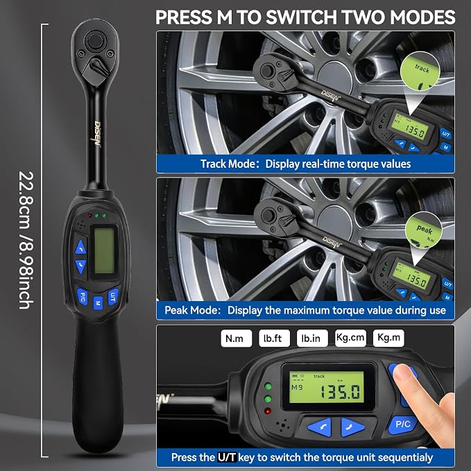 DISEN 8PCS 3/8" Digital Torque Wrench 6.8-135 N.m 5 Sockets Adapters Kit | 5-99.6 Ft.lb | ±2% accuracy | 72-tooth reversible ratchet | 2 modes & 5 units | LED/buzzer alert | Auto, motorcycle, bike