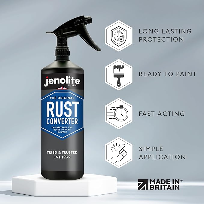 Jenolite Rust Converter Trigger Spray for Metal 1 Liter (33.8 fl oz). All In One Fast‑Acting Water‑Based Rust Reformer, Primer & Inhibitor in One. Converts Rust to a Paint‑Ready Surface. Made in Britain.