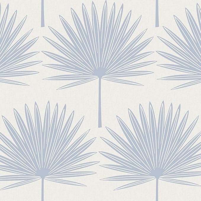 Tempaper Powder Blue & Off-White Stamped Palm Removable Peel and Stick Boho Wallpaper, 20.5 in X 16.5 ft, Made in the USA