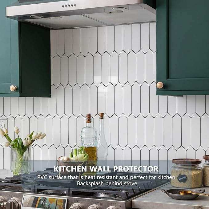 Vamos Tile Glossy White Backsplash Tile Peel and Stick, 12.8 x 12.8 Inch 10 Sheets Long Hexagon PVC Self Adhesive Mosaic Wall Tiles Stick on Backsplash for Kitchen and Bathroom