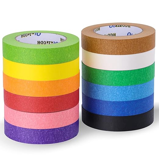 Oleitodh 12 Rolls Colored Masking Tape-1 inch x 660 Yards Painters Tape, Rainbow Colors Rolls Bulk Colorful Paper Marking Tape Decorative Arts Crafts Labeling DIY Home Office Supplies