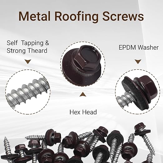 Biaungdo 30 Pack Metal Roofing Screws #10 × 1 Inch, Hex Head Sheet Roof Screws with EPDM Washers with 8mm Hex Socket, Self Starting Metal to Wood Siding Screws, Brown