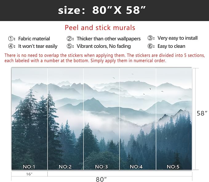 YIHWM-Peel and Stick Foggy Forest Wallpaper Misty Pine Scenery Tree Mural | Tear-resistant,with a substantial feel;Will not be damaged during repositioning.Bathroom,Bedroom wallpaper.S-80"x58"