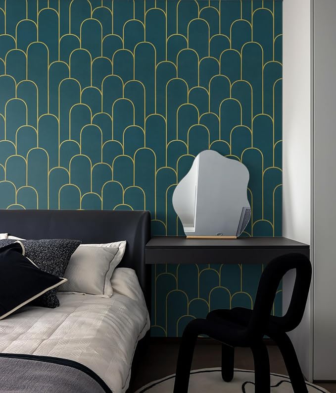 Yasinet Peel and Stick Wallpaper Green and Gold Wallpaper Dark Green Contact Paper Modern Geometric Removable Self Adhesive Wall Paper for Bedroom/Cabinet Waterproof for Bathroom Vinyl 197" x 17.3"