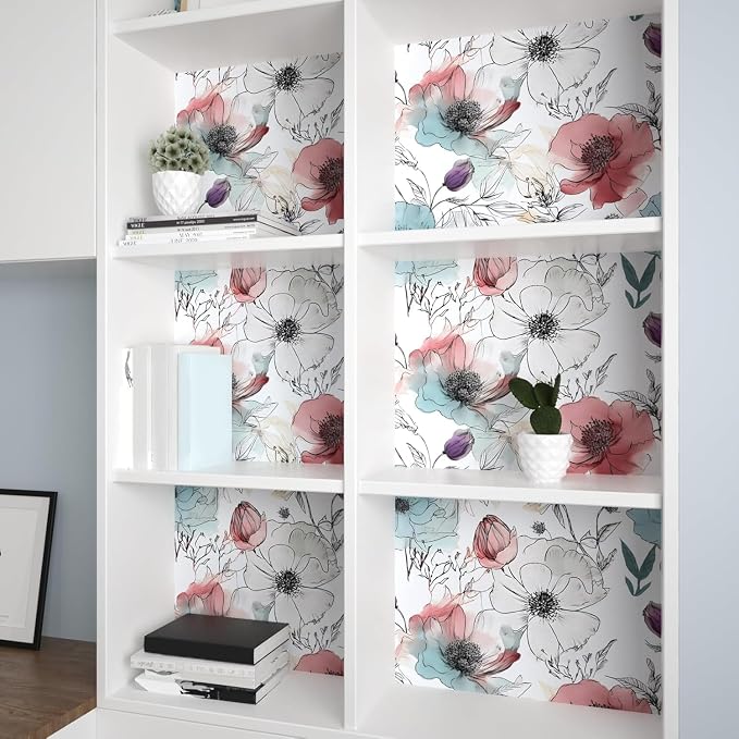 Blue Pink Watercolor Floral Peel and Stick Wallpaper 17.5"x393" | Self Adhesive/Removable/Waterproof/Thick Vinyl Vintage Contact Paper for Bathroom Bedroom Shelf Cabinet Drawer,Prepasted