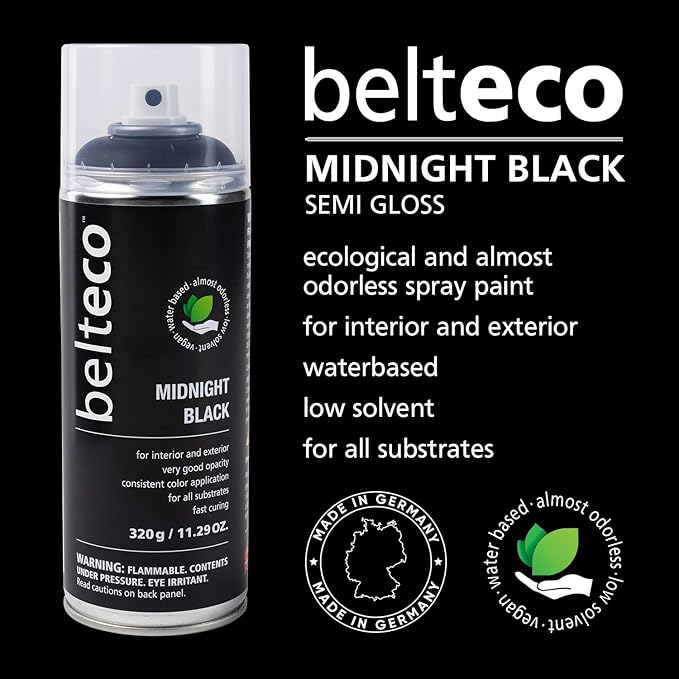 Midnight Semi Gloss Black Spray Paint | Water-Based & Odorless | Eco-Friendly & Vegan | Weather & UV-Resistant | For All Substrates | Fast-Drying With High Coverage | For Indoor/Outdoor Use