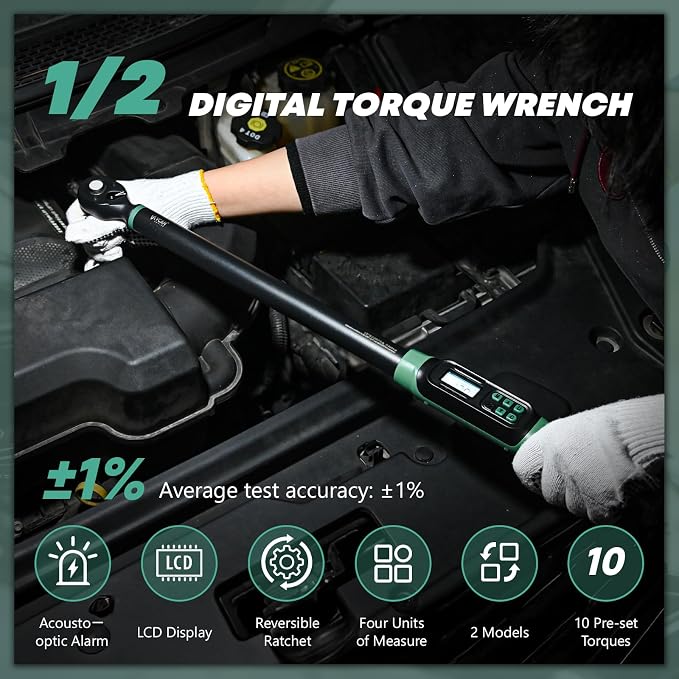 26-inch Heavy Duty 1/2 Torque Wrench Digital (12.5-250.7 Ft-lbs)±2% High accuracy Digital Torque Wrench 1/2 Drive with Buzzer&Colorful LED Indicator for Car &Trucks Tire Repaird&large machinery Repair