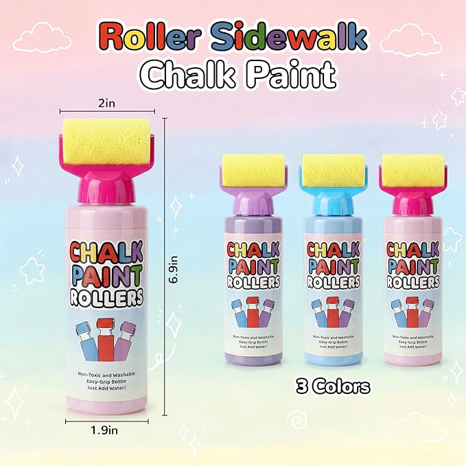 Eaasty 18 Pcs Roller Sidewalk Paint Set Washable Powdered Chalks Mix in Water Paint Rollers 3 Colors Kids Outdoor Art Toy for Driveway Sidewalk Chalkboard
