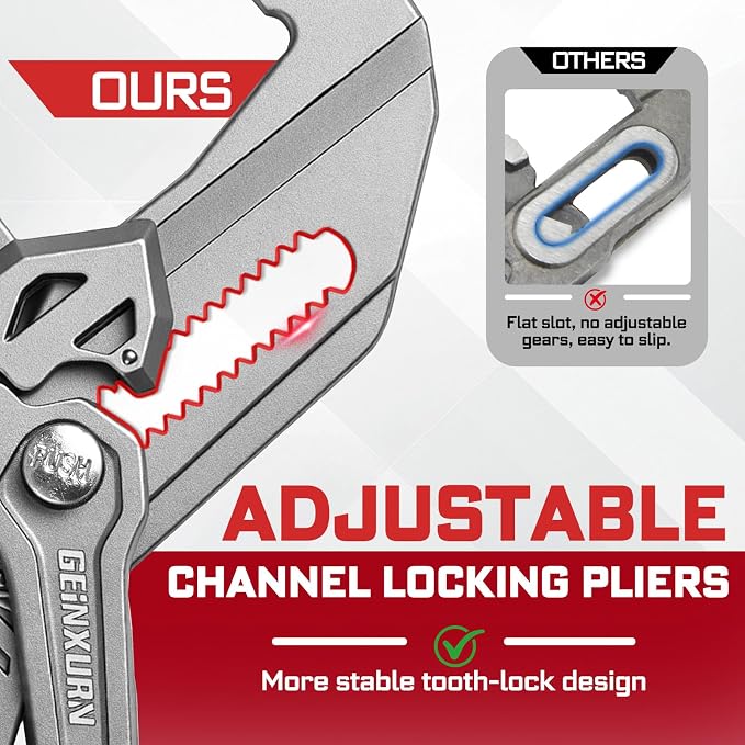 GEINXURN 7-Inch Pliers Wrench, 2PCS Smooth V-Jaw Pliers with 15-Position Push-Lock, Fast Adjustable Slip Joint Pliers Set for Plumbing, Home Repair, and Pipe Fittings