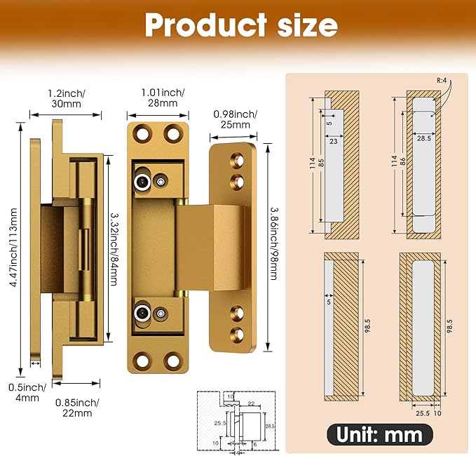 4.5" Hidden Door Hinge/Invisible Door Silent Door Hinge 110 Degree Swing Hinge 2-Way Adjustable Butt Hinge 4.5 x 2 x 1 (2, Gold)