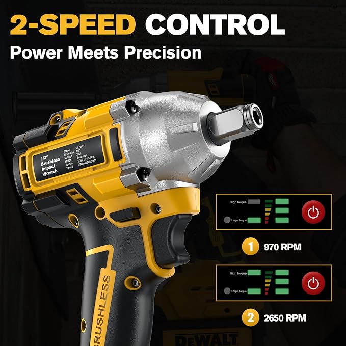 20V Cordless Impact Wrench for DeWalt Battery 500Nm (369Ft-Lbs) | 1/2" & 1/4" Brushless Impact Gun, 2-Speed High Torque Power Tool for Tire Removal, Rusted Bolts, Car Maintenance(No Battery)