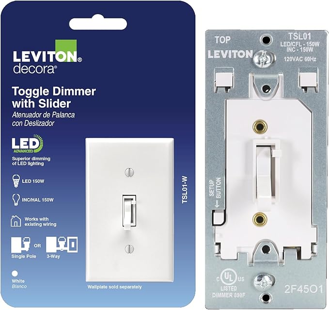 Leviton Toggle Slide LED Advanced Dimmer Switch for 150W Dimmable LED, Halogen and Incandescent Bulbs and Fixtures, TSL01-W, White