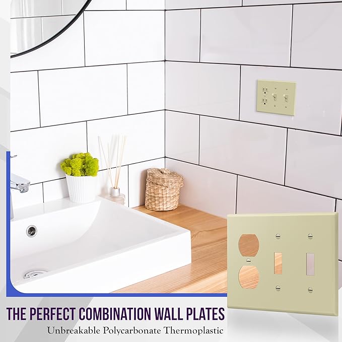 ENERLITES Combination Triple Gang Wall Plate, Double Toggle Switch/Single Duplex Receptacle Cover Plate, Standard Size 3-Gang 4.5" x 6.38", Polycarbonate Thermoplastic, 881221-I, Ivory