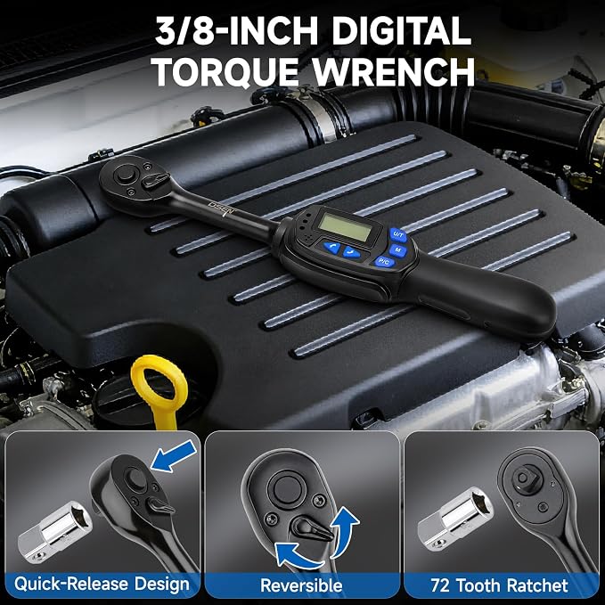 DISEN 8PCS 3/8" Digital Torque Wrench 6.8-135 N.m 5 Sockets Adapters Kit | 5-99.6 Ft.lb | ±2% accuracy | 72-tooth reversible ratchet | 2 modes & 5 units | LED/buzzer alert | Auto, motorcycle, bike