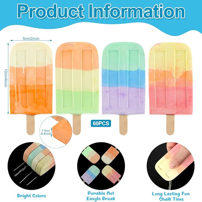 Mooliwe 60 Pcs Ice Cream Sidewalk Chalk Set Multicolor Chalk Party Favors Bulk Washable Safe Outdoor Chalks for Kids Adults Fun Summer Playground Outdoor Activities Painting on Chalkboard Blackboard