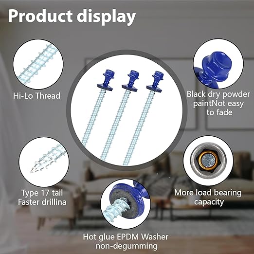 Metal Roofing Screws 10 x 3 inch, Blue Hex Head Sheet Metal Roof Screw with EPDM Washer for Corrugated Roofing (250Pcs)
