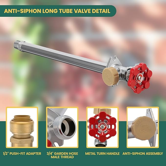 12 Inch Anti-Siphon Frost-Free Outdoor Sillcock, Lead-Free Brass Frost-Proof Faucet Bib with Backflow Preventer, 1/2" Push-Fit Adapter