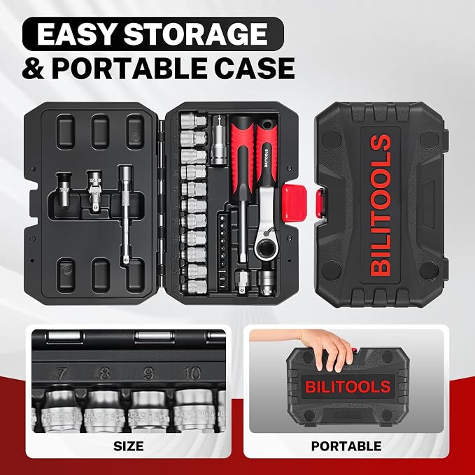 BILITOOLS 29PCS 1/4" Pass Through Socket Set with Spline Sockets & Bits | Small Pass Thru Go Through Ratchet Mechanics Tools Set for Tight Spaces, Low Profile 72-Tooth Wrench