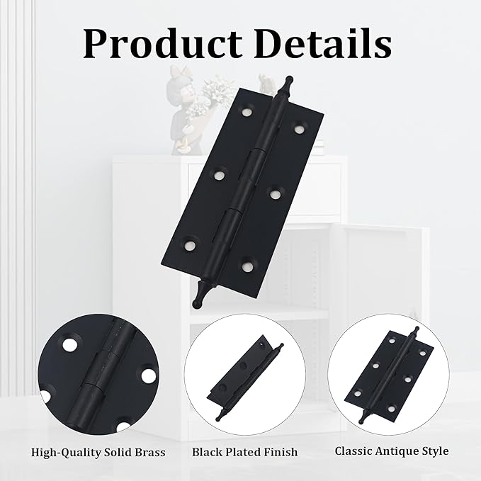 3.5 Inch Antique Style Solid Brass Butt Hinges with Ball Finials, Black Plated Butt Hinges with for Furniture Cabinet Drawer Door, 2PCS
