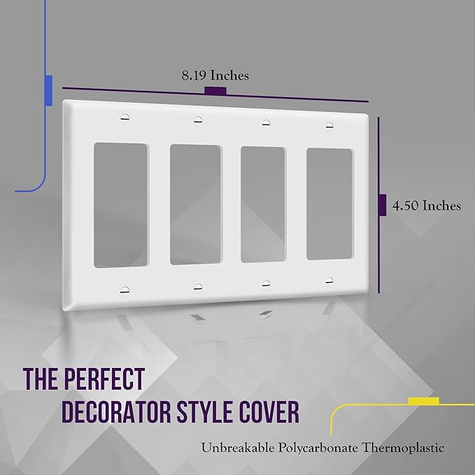 ENERLITES Decorator Light Switch or Receptacle Outlet Wall Plate, Gloss Finish, Size 4-Gang 4.50" x 8.19", Polycarbonate Thermoplastic, 8834-W, White, Standard Size