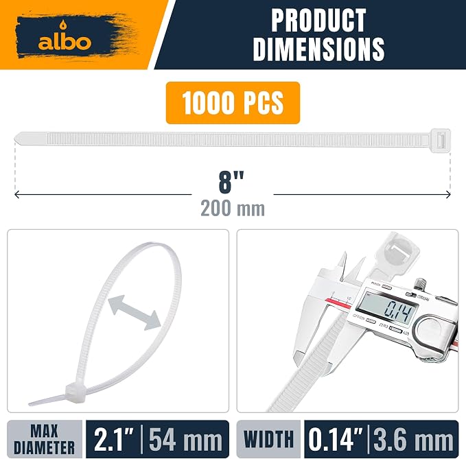 ALBO Zip Ties White 8 Inch 1000 Pack 40 lb, Long Plastic Cable Ties Thick 0.14 Inch Tie Wraps Heavy Duty UV Resistant Nylon Wire Ties for Indoor and Outdoor