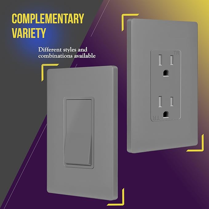 ENERLITES Screwless Decorator Wall Plate Child Safe Outlet Cover, Gloss Finish, Medium Size 1-Gang 4.88" H x 3.11" L, Unbreakable Polycarbonate Thermoplastic, SI8831M-GY-10PCS, Grey