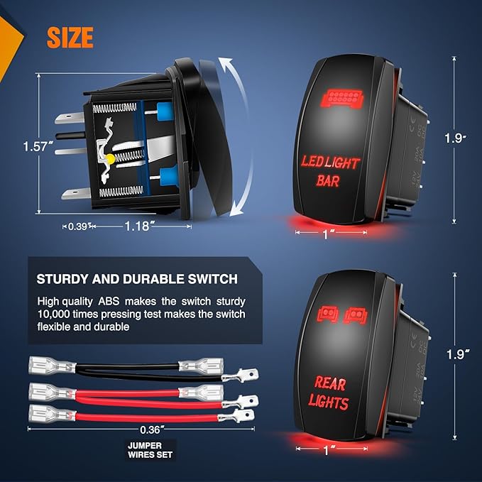 Nilight 2 Pack Rear Lights Rocker Switch Led Light Bar 5Pin Laser On Off SPST Switches 20A/12V 10A/24V Red LED with Jumper Wire Set for Cars Trucks Boats RVs