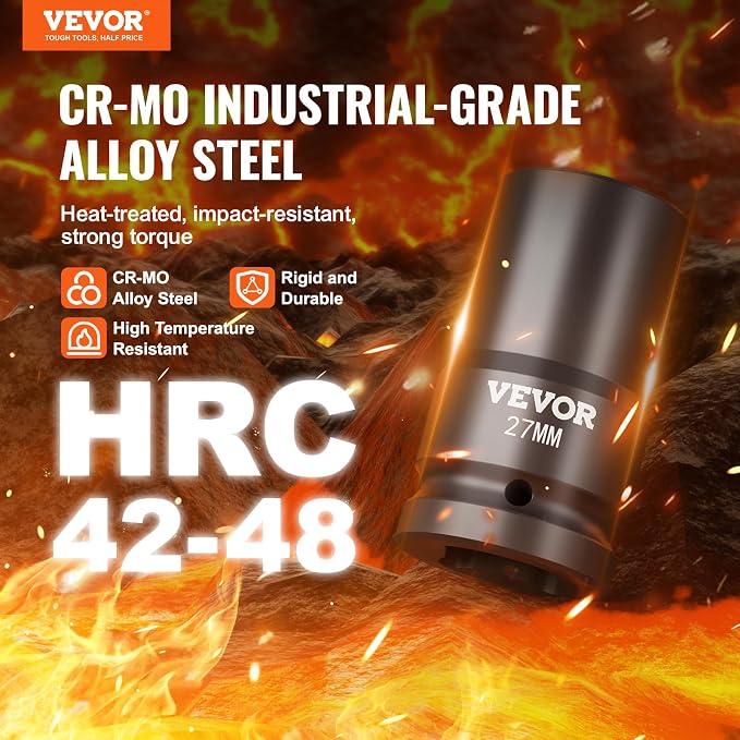 VEVOR 1" Drive Impact Socket Set, 8 Piece Deep Socket Set Metric 27-41mm, 6 Point Cr-Mo Alloy Steel for Auto Repair, Easy-to-Read Size Markings, Rugged Construction, Includes Storage Case