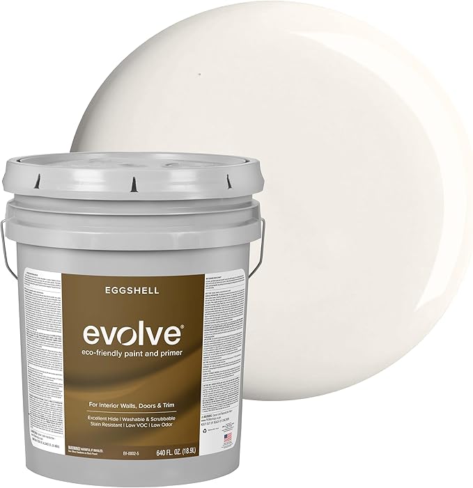 EVOLVE Interior Paint & Primer, Eggshell (Dove White), 5 Gallon – One-Coat Coverage, Excellent Hide, Low VOC, Low Odor, Washable Paint for Walls, Doors & Trim