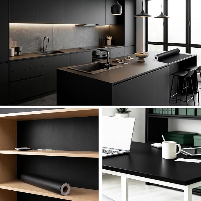FUKU MON 24"x786" Black Wallpaper Peel and Stick Black Contact Paper Matte Solid Textured Self Adhesive Removable Thick Vinyl Film Roll for Cabinets Bedroom Wall Decoration