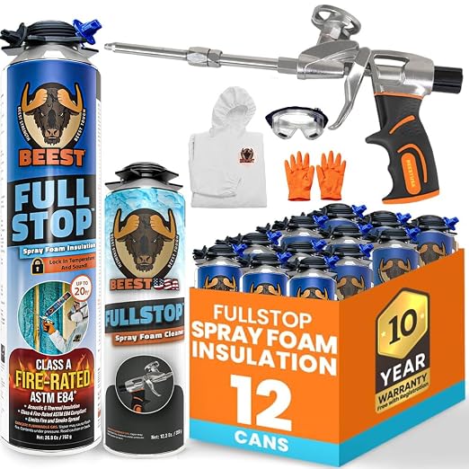 BEEST FullStop Spray Foam Insulation Kit - 240 Board ft/sq.ft. Fire Rated Spray Insulation Foam for Walls & Attics with Thermal & Soundproofing - Includes 12x Cans, 1 Cleaner, Pro X Gun, Safety Gear