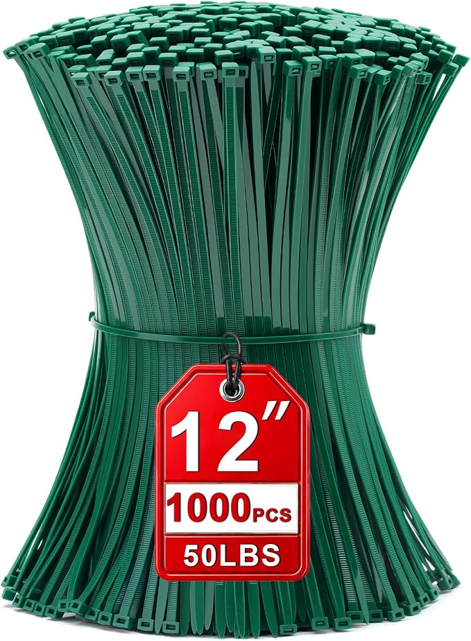Zip Ties 12 inch, 1000 Pack Green Zip Ties,Green Cable Ties Self-Locking Nylon Cable Ties with 50 lb Tensile Strength,Wire Ties for indoor and outdoor use.