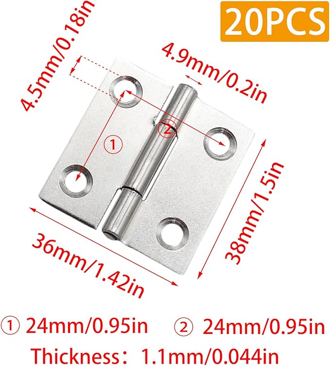 Pine & Linen 20 Pack Stainless Steel Folding Hinge, Butt Cabinet Hinge, Window Hinges Small Hinges with 80 Pieces Screws for Home Furniture/Cabinet Projects/DIY Enthusiasts（1.5 Inch）