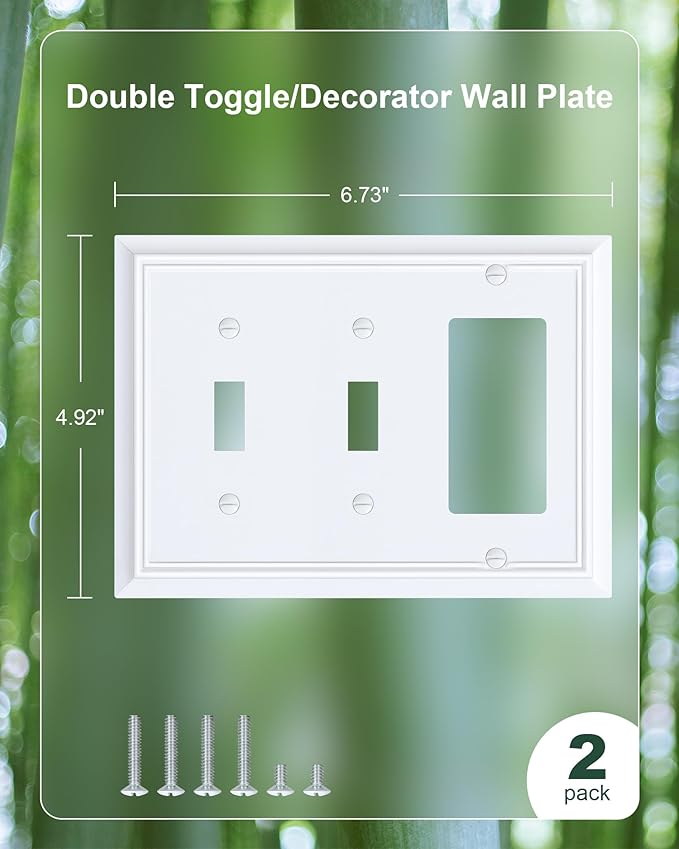 2-Pack Combo Double Toggle/Decorator Outlet Cover Plate, Pure White Decorative Switch Plates and Outlet Covers, Durable Natural Bamboo Fiber Wall Plates for Electrical Outlets, Receptacle, GFCI Outlet