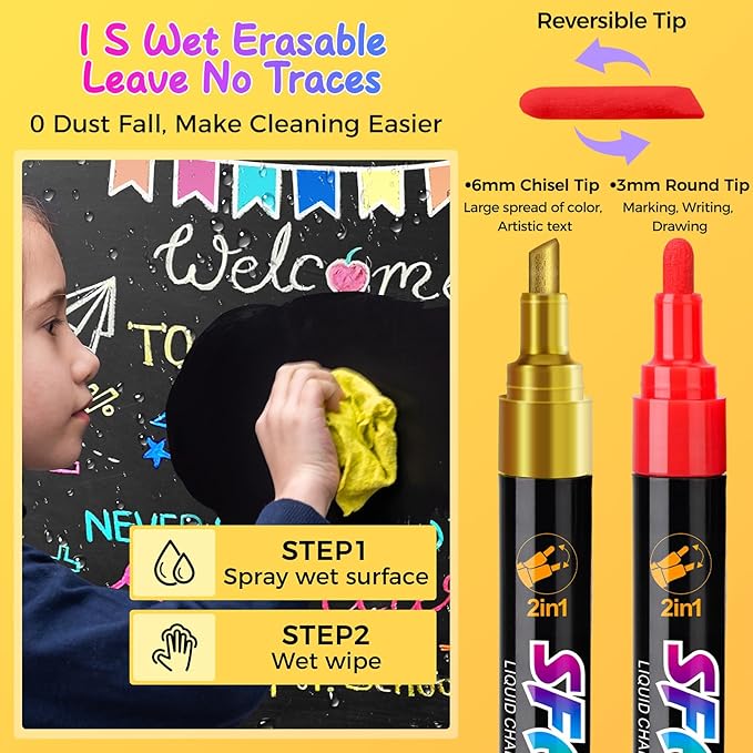 SFAIH 24 Vibrant liquid chalk markers [1s Wet Wipe] - No Residue, 4.5mm chalk markers for blackboard