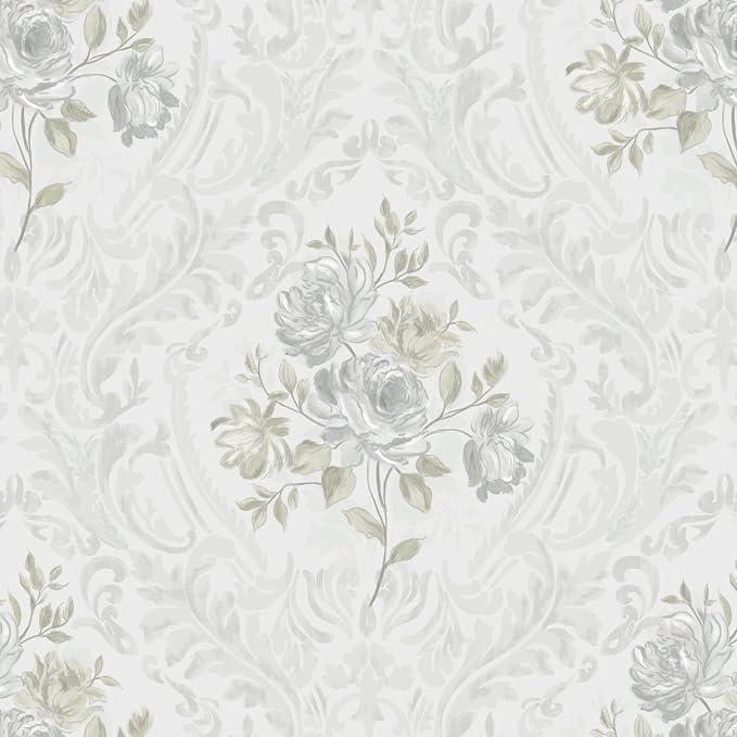 Ismoon Vintage Peel and Stick Wallpaper Floral Contact Paper Boho White and Grey Watercolor Damask Wallpaper Textured Removable Self Adhesive Vinyl Wall Paper for Bedroom, 17.3 in X 32.75ft