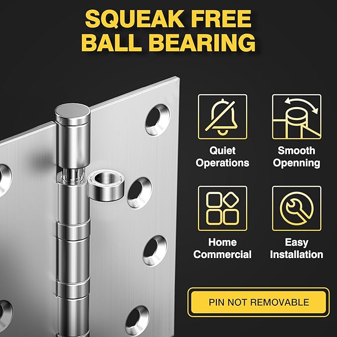KOLET Ball Bearing Door Hinges, 4 x 4 Inches Square Door Hinges Brushed Nickel, Square Corner, Stainless Steel Hinges, Heavy Duty, Smooth and Non Removable Pin, 6 Pack
