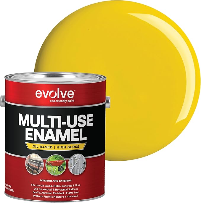 EVOLVE Multi-Purpose Alkyd Enamel – Interior Exterior Oil-Based Paint for Wood, Metal, Concrete, & Masonry, High-Gloss, Rust & Abrasion Resistant (Safety Yellow, 1 Gallon)