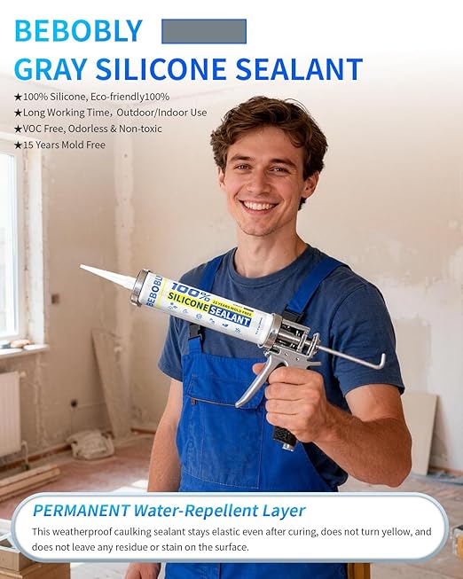 Silicone Caulk & Sealant Gray, 100% Waterproof Silicone Sealant, Shrink & Crack Proof, Silicone Caulking for Kitchen, Bathroom, RV, Interior & Exterior Use, 10.2 FL. OZ/300ML, 1 Pack