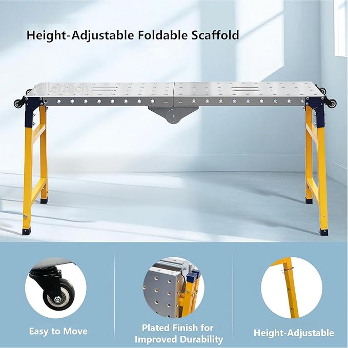 Folding Scaffolding Platform 1100 Lbs Height Adjustable Anti Slip Steel Step Ladder Stool with Galvanized Coating Anti-Slip Feet for Construction Car Washing Roof Snow Removal（59" Wide）