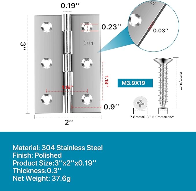 Stainless Steel Folding Door Hings 3 Inch for Furniture Cabinets Window Wooden Box Trailer Components, Pack of 12