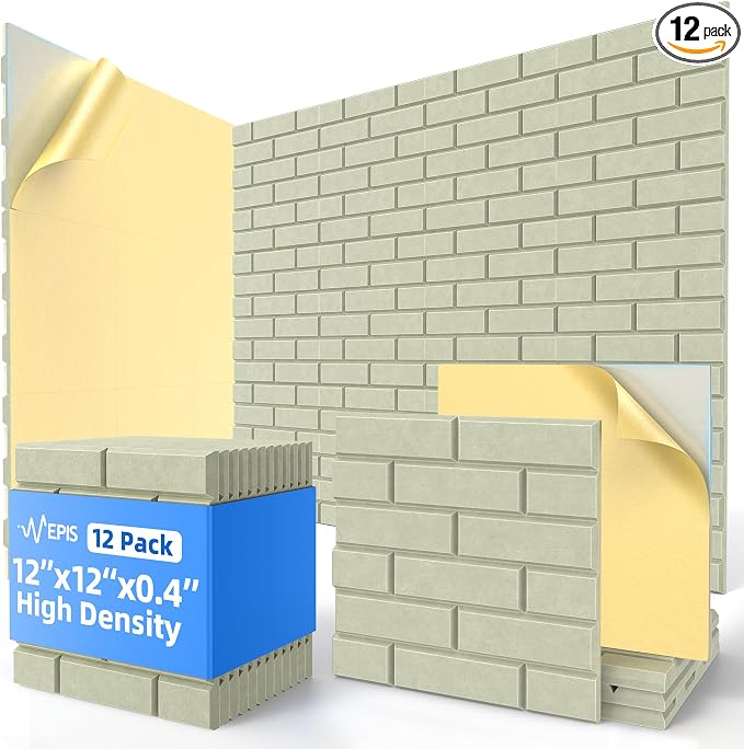 12 Pack Acoustic Panels with Self Adhesive Sound Proof Foam Panels for Wall | 12" X 12" X 0.4" High Density Soundproof Wall Panels, Brick Sound Absorbing Panels for Home Studio Office Decor - Sage