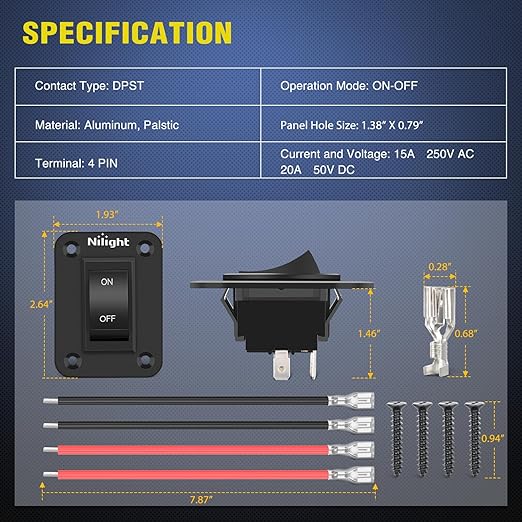 Nilight ON-Off Switch Panel 4 PIN DPST Toggle Switches Panel 12V 20A Black Anodized Aluminium Switch Shell Bracket with Screws Ternimals Jumper Wires Set for Cars Trailers Boats RV Camper